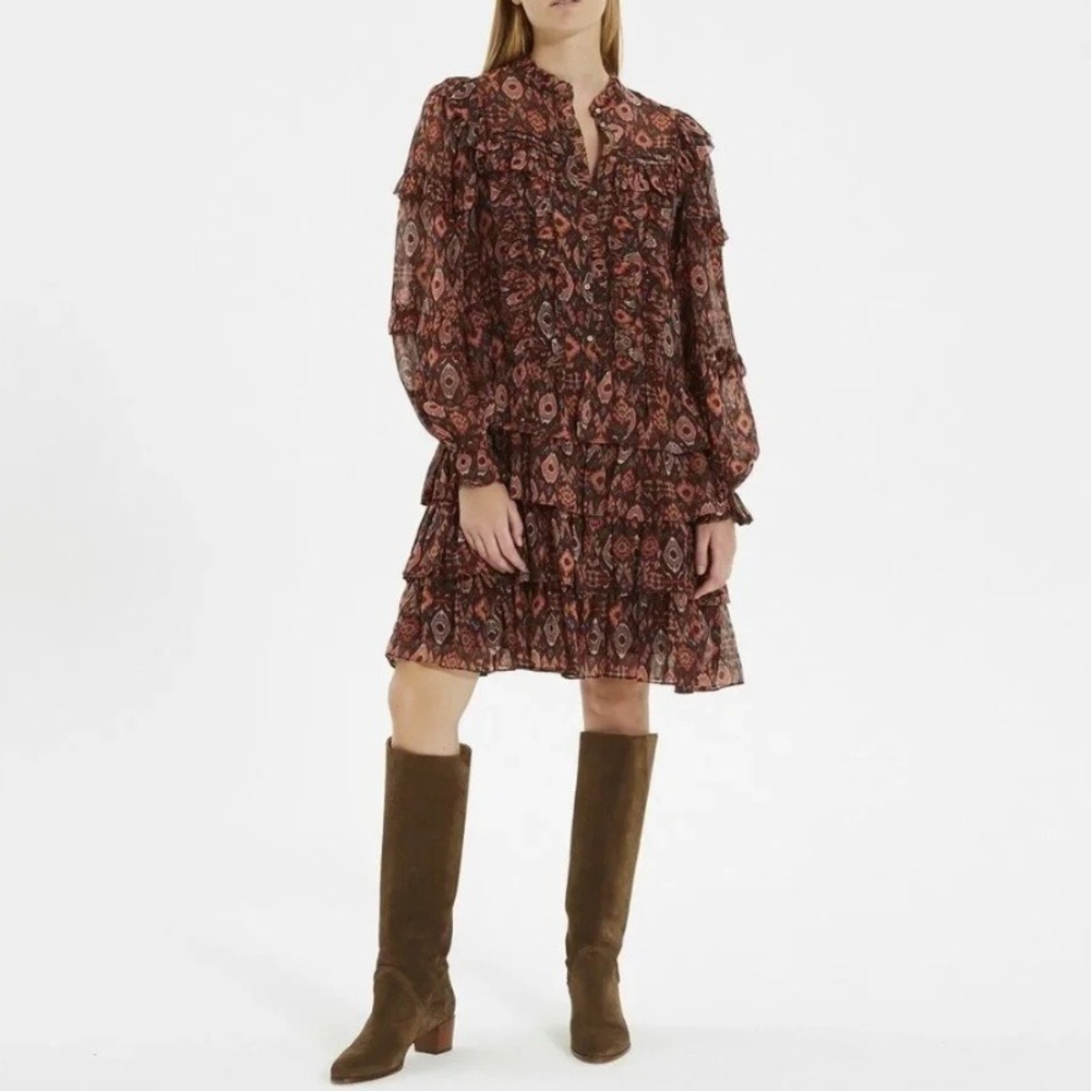 Ulla Johnson Esma Dress Garnet Ikat Print 100% Silk Burgundy Size 4 NWOT